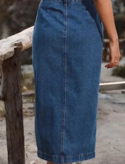 Discount Women's Skirt Denim Midi Skirt Fashion Casual Midi High Waist Skirts Solid Colored Split Ends Casual Daily Weekend Black Navy Blue Dark Blue Summer Denim Women Skirts