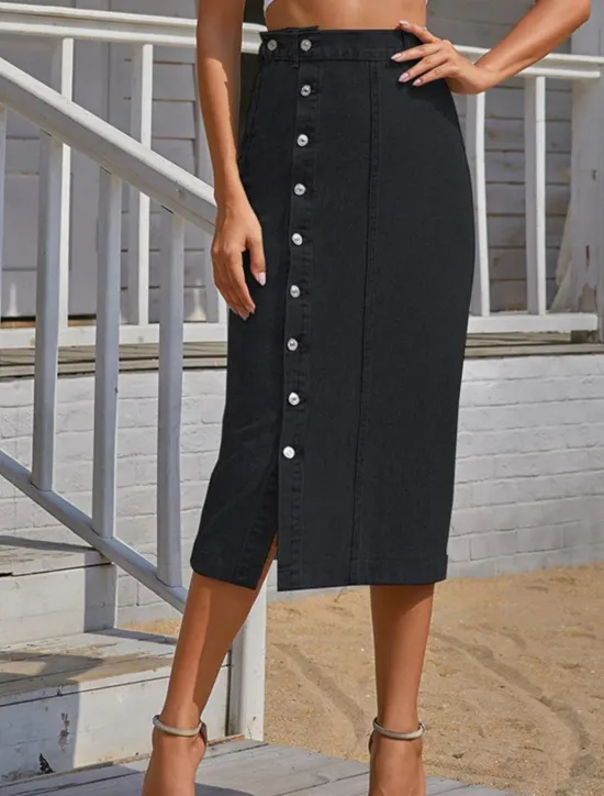 Discount Women's Skirt Denim Midi Skirt Fashion Casual Midi High Waist Skirts Solid Colored Split Ends Casual Daily Weekend Black Navy Blue Dark Blue Summer Denim Women Skirts