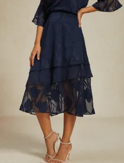 Discount Women's Skirt Elegant Midi Mid Waist Skirts Floral Layered Inelastic Party Causal Summer Chiffon Women Skirts