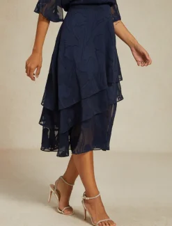 Discount Women's Skirt Elegant Midi Mid Waist Skirts Floral Layered Inelastic Party Causal Summer Chiffon Women Skirts