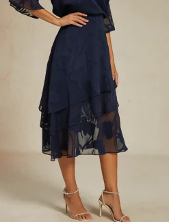 Discount Women's Skirt Elegant Midi Mid Waist Skirts Floral Layered Inelastic Party Causal Summer Chiffon Women Skirts