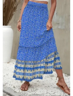 Best Women's Skirt Fashion Boho Maxi Mid Rise Skirts Floral Print Micro-elastic Street Going out Summer Polyester Women Skirts