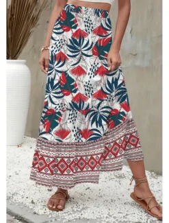 Best Women's Skirt Fashion Boho Maxi Mid Rise Skirts Floral Print Micro-elastic Street Going out Summer Polyester Women Skirts