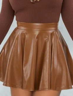 Best Women's Skirt Fashion Carnival Costumes Ladies Mini Skirts Solid Colored Pleated Carnival Homecoming Black Red Brown Spring & Fall PU Leather Women Skirts
