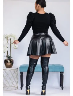 Best Women's Skirt Fashion Carnival Costumes Ladies Mini Skirts Solid Colored Pleated Carnival Homecoming Black Red Brown Spring & Fall PU Leather Women Skirts