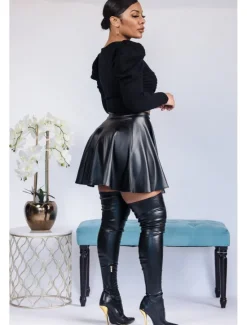 Best Women's Skirt Fashion Carnival Costumes Ladies Mini Skirts Solid Colored Pleated Carnival Homecoming Black Red Brown Spring & Fall PU Leather Women Skirts