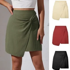 Hot Women's Skirt Linen Skirts Basic Casual Mini High Waist Skirts Solid Colored Split Ends Casual Daily Weekend Wine Black Army Green Apricot Summer Cotton And Linen Women Skirts|Dresses