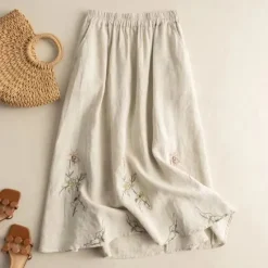 New Women's Skirt Linen Skirts Fashion Casual Maxi High Waist Skirts Floral Embroidered Casual Daily Weekend Summer Cotton And Linen Women Dresses|Skirts
