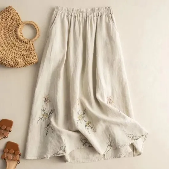 New Women's Skirt Linen Skirts Fashion Casual Maxi High Waist Skirts Floral Embroidered Casual Daily Weekend Summer Cotton And Linen Women Dresses|Skirts