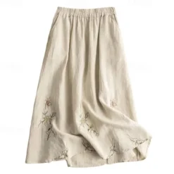 New Women's Skirt Linen Skirts Fashion Casual Maxi High Waist Skirts Floral Embroidered Casual Daily Weekend Summer Cotton And Linen Women Dresses|Skirts