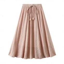 Best Women's Skirt Linen Skirts Fashion Casual Midi High Waist Skirts Solid Colored Drawstring Casual Daily Weekend Black Pink Blue Khaki Summer Cotton And Linen Women Skirts|Dresses