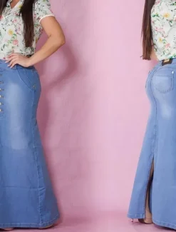 Hot Women's Skirt Long Skirt Denim Midi Skirt Fashion Casual Maxi High Waist Skirts Plain Long Going out Casual Daily Dark Blue Light Blue Summer Polyester Women Skirts