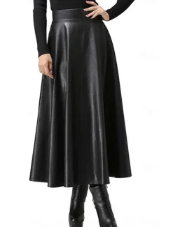 Discount Women's Skirt Long Skirt Elegant Fashion Casual Midi High Waist Skirts Solid Colored Ruched Vacation Street Fall & Winter Faux Leather Women Skirts