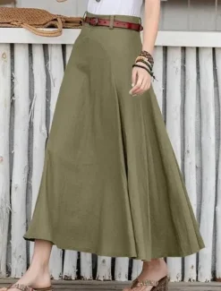 Hot Women's Skirt Long Skirt Fashion Maxi Skirts Solid Colored Casual Daily Black khaki Army Green All Seasons Linen Cotton And Linen Women Skirts