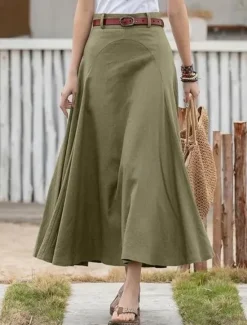 Hot Women's Skirt Long Skirt Fashion Maxi Skirts Solid Colored Casual Daily Black khaki Army Green All Seasons Linen Cotton And Linen Women Skirts