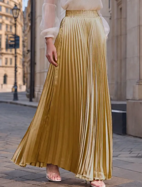 Women's Skirt Long Skirt Fashion Long Maxi High Waist Skirts Solid Colored Ruched Pleated Shimmery Micro-elastic Daily Holiday Silver Peacock Blue Navy Black Spring, Fall, Winter, Summer Polyester Women Skirts