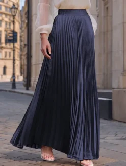 Women's Skirt Long Skirt Fashion Long Maxi High Waist Skirts Solid Colored Ruched Pleated Shimmery Micro-elastic Daily Holiday Silver Peacock Blue Navy Black Spring, Fall, Winter, Summer Polyester Women Skirts