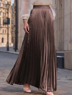 Women's Skirt Long Skirt Fashion Long Maxi High Waist Skirts Solid Colored Ruched Pleated Shimmery Micro-elastic Daily Holiday Silver Peacock Blue Navy Black Spring, Fall, Winter, Summer Polyester Women Skirts