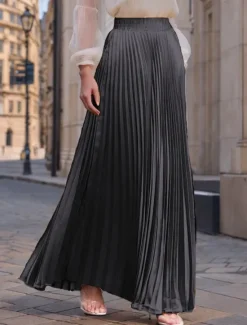 Women's Skirt Long Skirt Fashion Long Maxi High Waist Skirts Solid Colored Ruched Pleated Shimmery Micro-elastic Daily Holiday Silver Peacock Blue Navy Black Spring, Fall, Winter, Summer Polyester Women Skirts