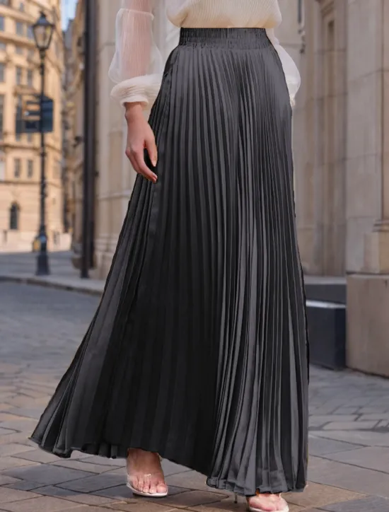 Women's Skirt Long Skirt Fashion Long Maxi High Waist Skirts Solid Colored Ruched Pleated Shimmery Micro-elastic Daily Holiday Silver Peacock Blue Navy Black Spring, Fall, Winter, Summer Polyester Women Skirts