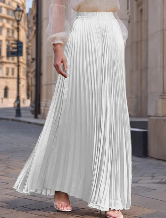 Women's Skirt Long Skirt Fashion Long Maxi High Waist Skirts Solid Colored Ruched Pleated Shimmery Micro-elastic Daily Holiday Silver Peacock Blue Navy Black Spring, Fall, Winter, Summer Polyester Women Skirts