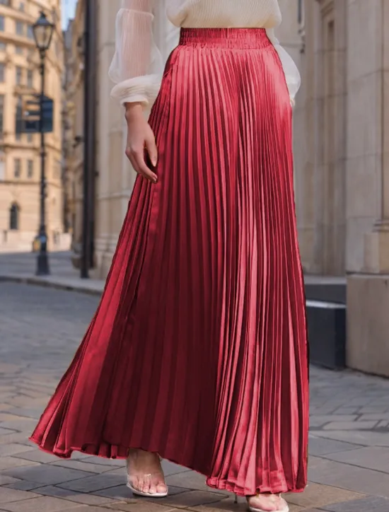Women's Skirt Long Skirt Fashion Long Maxi High Waist Skirts Solid Colored Ruched Pleated Shimmery Micro-elastic Daily Holiday Silver Peacock Blue Navy Black Spring, Fall, Winter, Summer Polyester Women Skirts