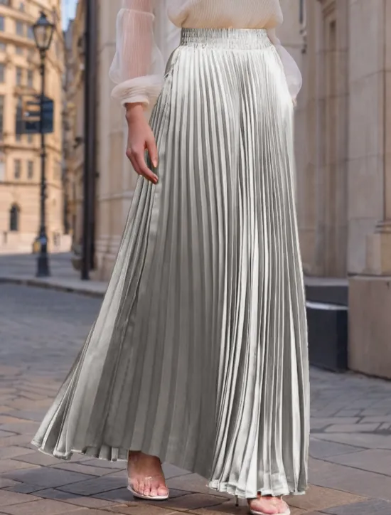 Women's Skirt Long Skirt Fashion Long Maxi High Waist Skirts Solid Colored Ruched Pleated Shimmery Micro-elastic Daily Holiday Silver Peacock Blue Navy Black Spring, Fall, Winter, Summer Polyester Women Skirts