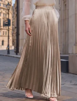 Women's Skirt Long Skirt Fashion Long Maxi High Waist Skirts Solid Colored Ruched Pleated Shimmery Micro-elastic Daily Holiday Silver Peacock Blue Navy Black Spring, Fall, Winter, Summer Polyester Women Skirts