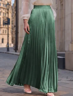 Women's Skirt Long Skirt Fashion Long Maxi High Waist Skirts Solid Colored Ruched Pleated Shimmery Micro-elastic Daily Holiday Silver Peacock Blue Navy Black Spring, Fall, Winter, Summer Polyester Women Skirts