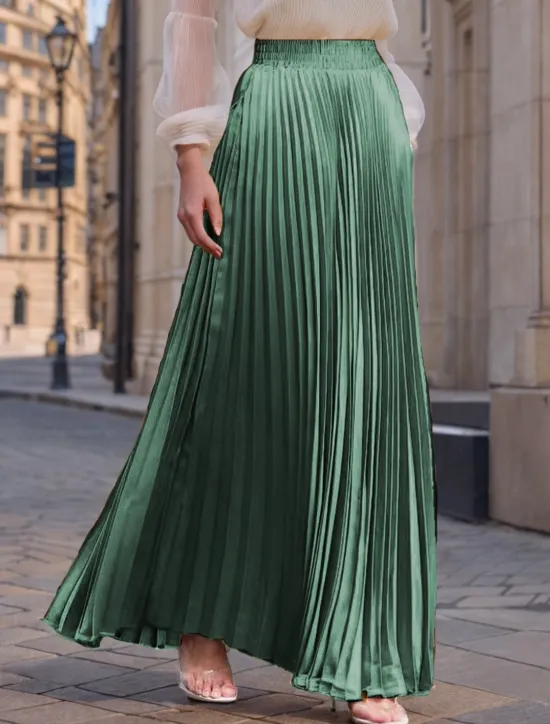 Women's Skirt Long Skirt Fashion Long Maxi High Waist Skirts Solid Colored Ruched Pleated Shimmery Micro-elastic Daily Holiday Silver Peacock Blue Navy Black Spring, Fall, Winter, Summer Polyester Women Skirts
