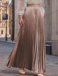 Women's Skirt Long Skirt Fashion Long Maxi High Waist Skirts Solid Colored Ruched Pleated Shimmery Micro-elastic Daily Holiday Silver Peacock Blue Navy Black Spring, Fall, Winter, Summer Polyester Women Skirts
