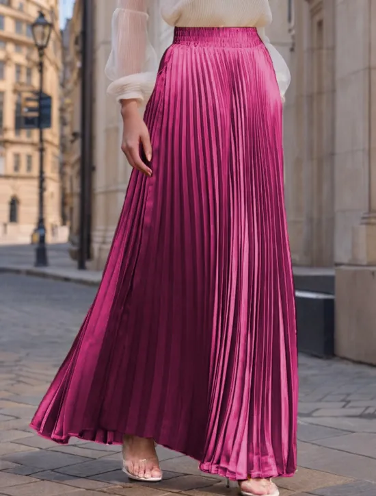 Women's Skirt Long Skirt Fashion Long Maxi High Waist Skirts Solid Colored Ruched Pleated Shimmery Micro-elastic Daily Holiday Silver Peacock Blue Navy Black Spring, Fall, Winter, Summer Polyester Women Skirts