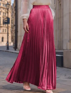 Women's Skirt Long Skirt Fashion Long Maxi High Waist Skirts Solid Colored Ruched Pleated Shimmery Micro-elastic Daily Holiday Silver Peacock Blue Navy Black Spring, Fall, Winter, Summer Polyester Women Skirts