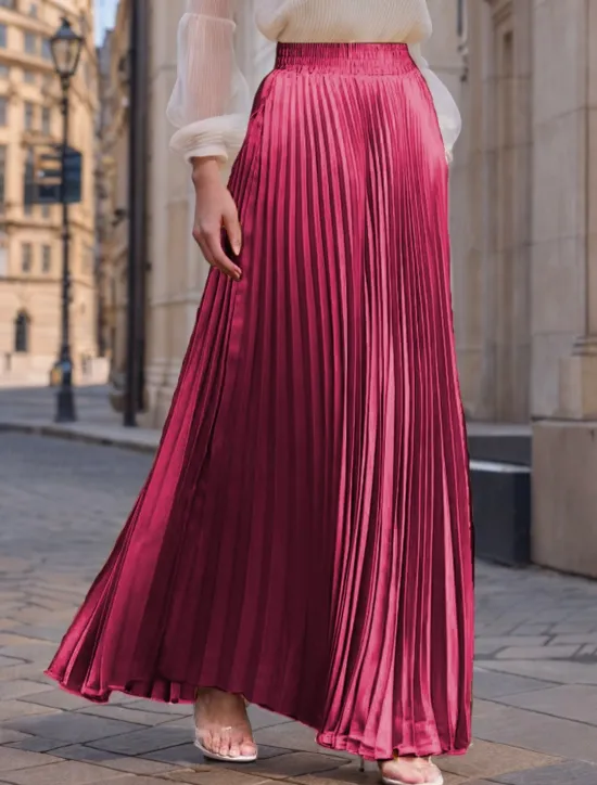 Women's Skirt Long Skirt Fashion Long Maxi High Waist Skirts Solid Colored Ruched Pleated Shimmery Micro-elastic Daily Holiday Silver Peacock Blue Navy Black Spring, Fall, Winter, Summer Polyester Women Skirts