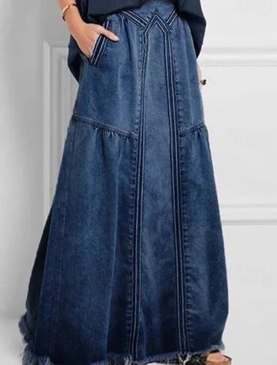 New Women's Skirt Long Skirt Fashion Summer Maxi Skirts Solid Colored Pocket Vacation Office / Career Blue Gray Light Blue Summer Denim Women Skirts
