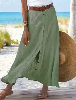 Outlet Women's Skirt Long Skirt Linen Skirts Straight Fashion coastal grandma style Summer Maxi Skirts Solid Colored Split Vacation Office / Career Black White Navy Blue Orange Autumn / Fall Polyester Women Skirts