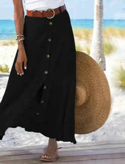 Outlet Women's Skirt Long Skirt Linen Skirts Straight Fashion coastal grandma style Summer Maxi Skirts Solid Colored Split Vacation Office / Career Black White Navy Blue Orange Autumn / Fall Polyester Women Skirts