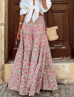 Discount Women's Skirt Maxi Skirt A Line Swing Bohemia Casual Maxi High Waist Skirts Floral Pocket Print Micro-elastic Street Daily Pink Fuchsia Summer Polyester Cotton Blend Women Skirts