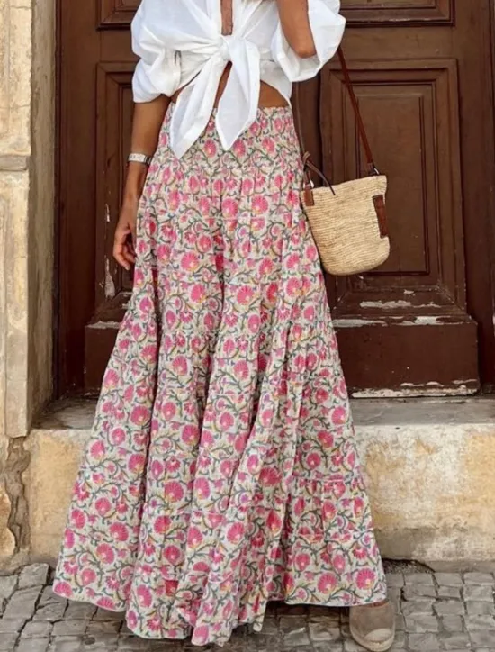 Discount Women's Skirt Maxi Skirt A Line Swing Bohemia Casual Maxi High Waist Skirts Floral Pocket Print Micro-elastic Street Daily Pink Fuchsia Summer Polyester Cotton Blend Women Skirts