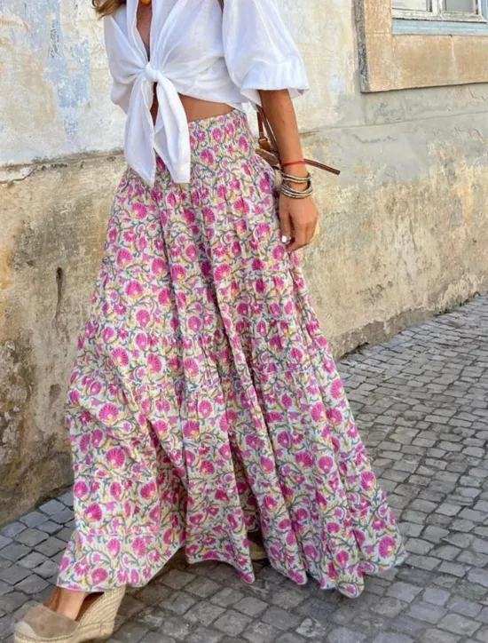 Discount Women's Skirt Maxi Skirt A Line Swing Bohemia Casual Maxi High Waist Skirts Floral Pocket Print Micro-elastic Street Daily Pink Fuchsia Summer Polyester Cotton Blend Women Skirts