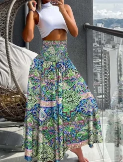 Hot Women's Skirt Maxi Skirt Bohemia Fashion Beach Wear Casual Midi High Waist Skirts Floral Paisley Micro-elastic Vacation Street Gray Green Black Yellow Light Green Summer Polyester Women Skirts