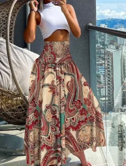 Hot Women's Skirt Maxi Skirt Bohemia Fashion Beach Wear Casual Midi High Waist Skirts Floral Paisley Micro-elastic Vacation Street Gray Green Black Yellow Light Green Summer Polyester Women Skirts