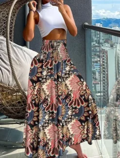 Hot Women's Skirt Maxi Skirt Bohemia Fashion Beach Wear Casual Midi High Waist Skirts Floral Paisley Micro-elastic Vacation Street Gray Green Black Yellow Light Green Summer Polyester Women Skirts