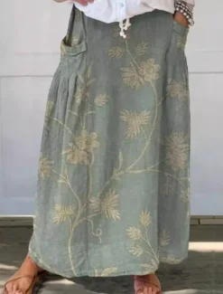 Best Women's Skirt Maxi Skirt Casual Maxi High Waist Skirts Floral Linen Micro-elastic Street Yellow Blue Green Pale Blue Summer Polyester Linen Women Skirts