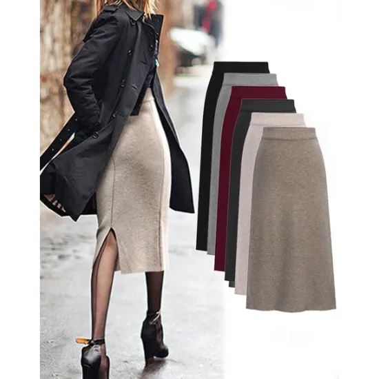 Women's Skirt Pencil Work Skirts Fashion Basic Casual Midi Skirts Solid Colored Split Knitting Office / Career Street caramel Black Wine khaki Autumn / Fall Woolen Women Skirts