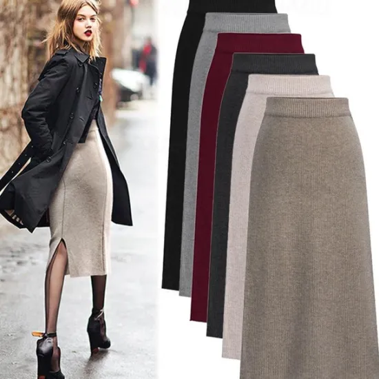 Women's Skirt Pencil Work Skirts Fashion Basic Casual Midi Skirts Solid Colored Split Knitting Office / Career Street caramel Black Wine khaki Autumn / Fall Woolen Women Skirts