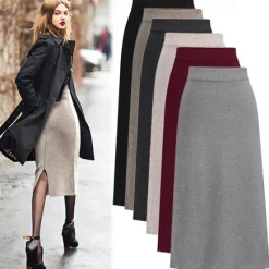 Women's Skirt Pencil Work Skirts Fashion Basic Casual Midi Skirts Solid Colored Split Knitting Office / Career Street caramel Black Wine khaki Autumn / Fall Woolen Women Skirts