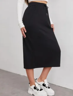 Women's Skirt Solid Color Fashion Casual Maxi High Waist Skirts Plain Pocket Stretchy Street Daily Black Gray Summer Polyester Women Skirts