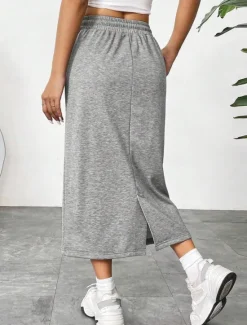 Women's Skirt Solid Color Fashion Casual Maxi High Waist Skirts Plain Pocket Stretchy Street Daily Black Gray Summer Polyester Women Skirts