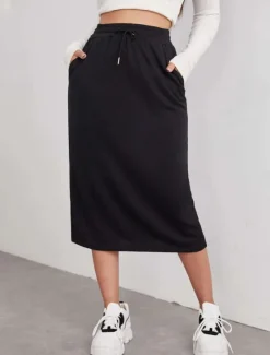Women's Skirt Solid Color Fashion Casual Maxi High Waist Skirts Plain Pocket Stretchy Street Daily Black Gray Summer Polyester Women Skirts
